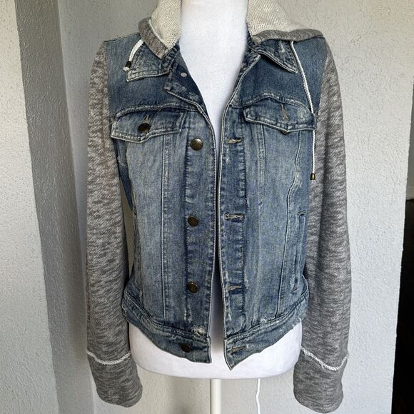 Free People Denim Distressed Hooded Jean /Knit Jacket Women's Size Medium - Picture 1 of 12
